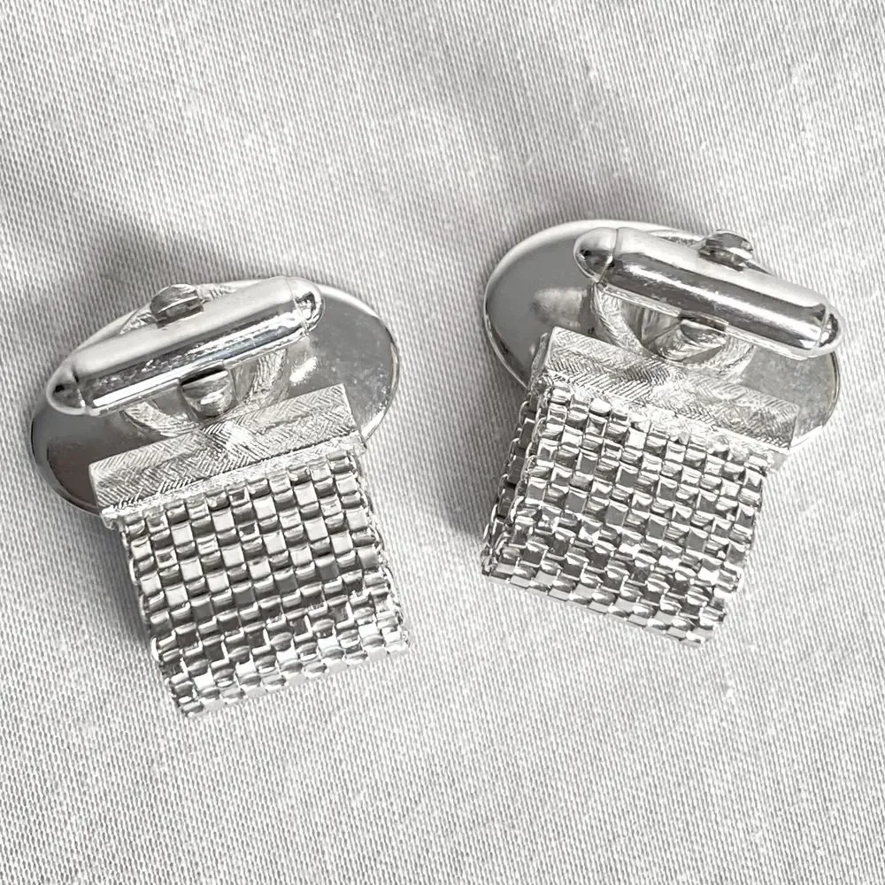 💎Silver Tone Mesh Wrap Oval Etched Cufflinks Men’s Vintage Designer